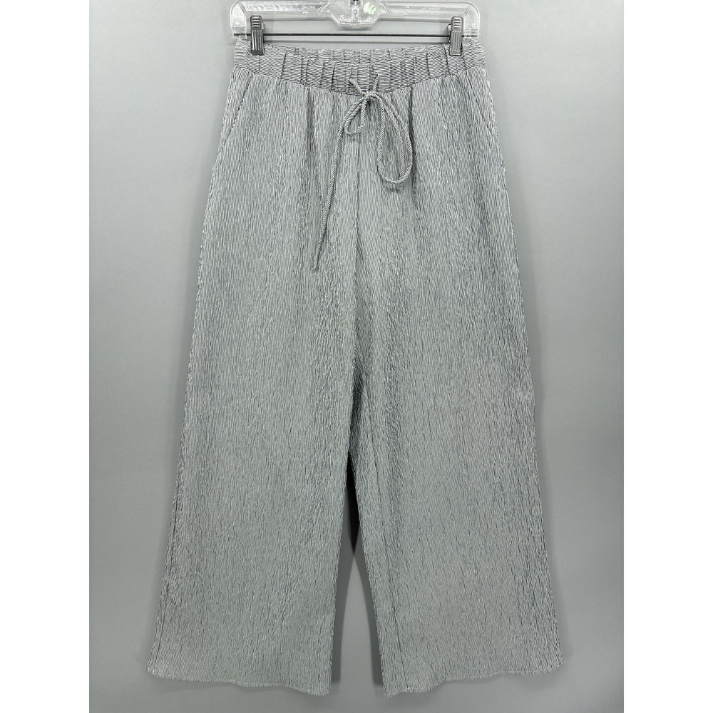 Gilli Pants Womens Small Blue Striped Knit Cropped Wide Leg Drawstring Waist